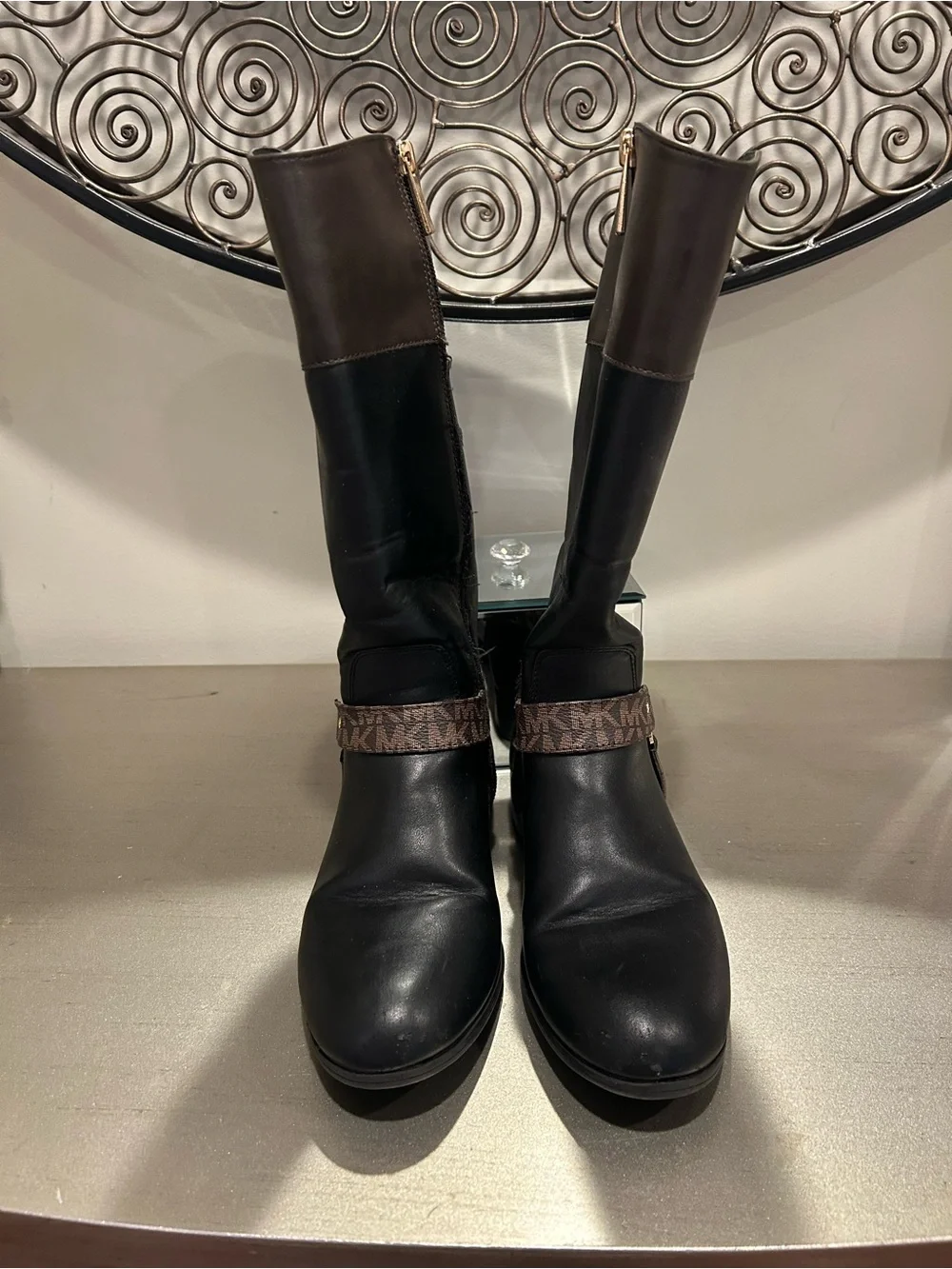 MICHAEL Michael Kors Black and Brown Logo Harness Mid-Calf Riding Boots